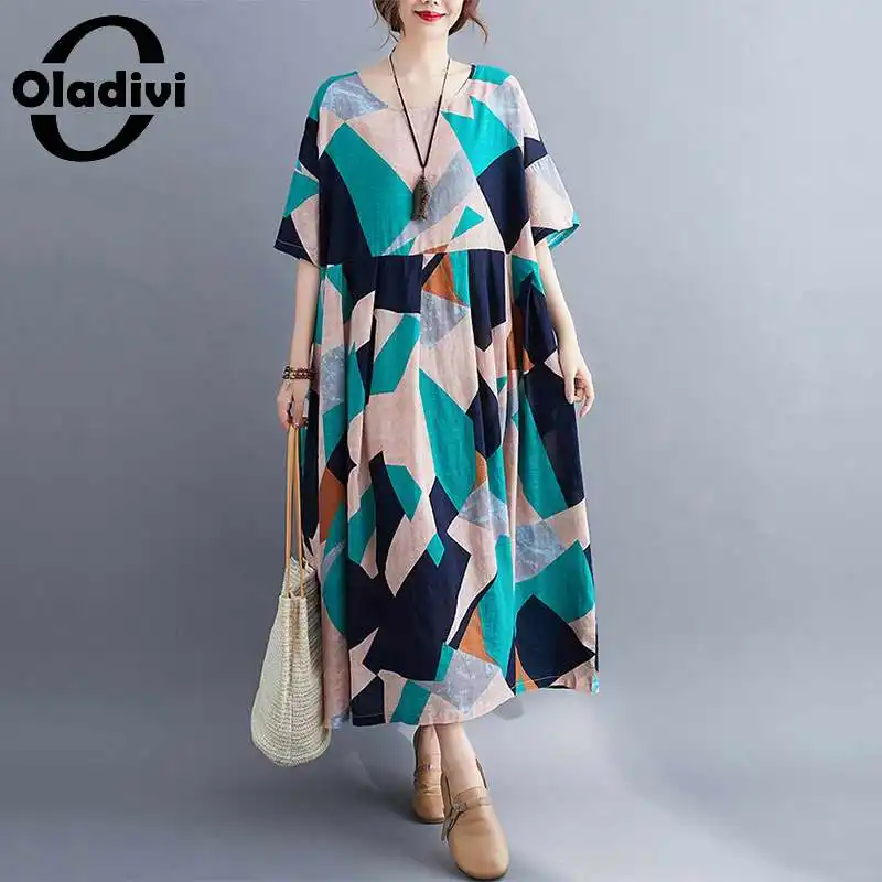 

Oladivi Fashion Print Short Sleeve Casual Dresses for Women 30 40 50 60 Years Old Oversized Long Dress Summer Tunic Vestidio 8XL