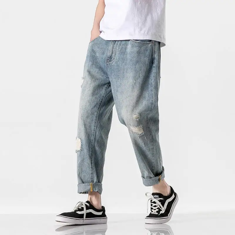 Summer Fashion Brand Men's Ripped Jeans Loose Straight Korean Style Fashion ThininsCropped Pants Men 'S Light Color