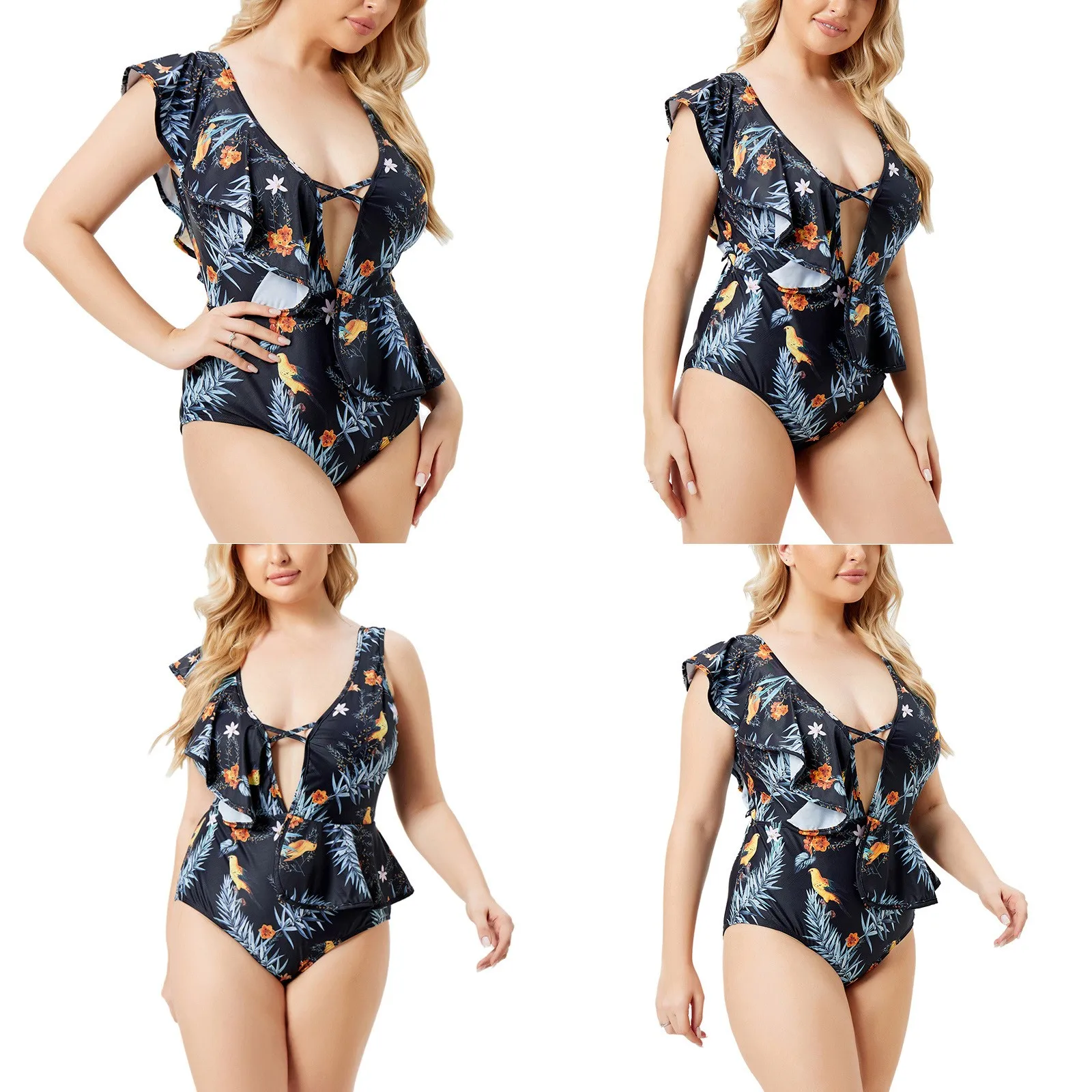 Женский слитный купальник с оборками привлекательный большого размера со