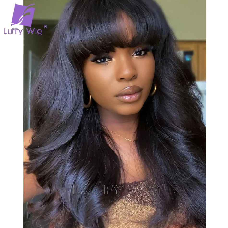 200 Density Wavy Human Hair Wigs With Bangs O Scalp Top Full Machine Made Wig Remy Brazilian For Black Women Luffywig