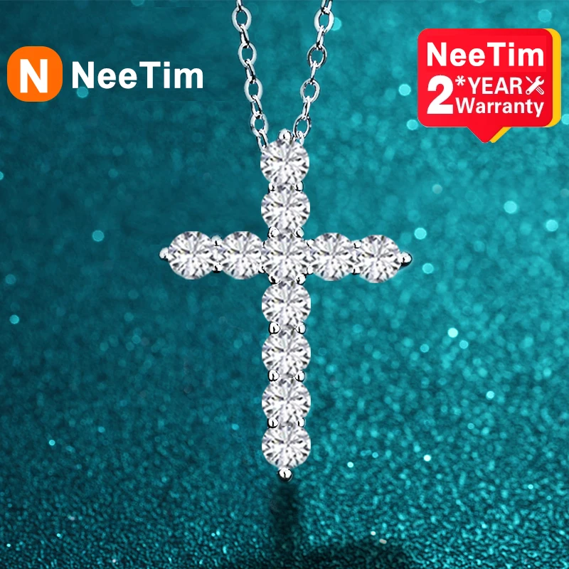 Купи NeeTim 5mm D Color Moissanite Jesus Cross Pendant for Women Men S925 Silver 18k White Gold Plated Necklace Wedding Jewelry Gift за 928 рублей в магазине AliExpress