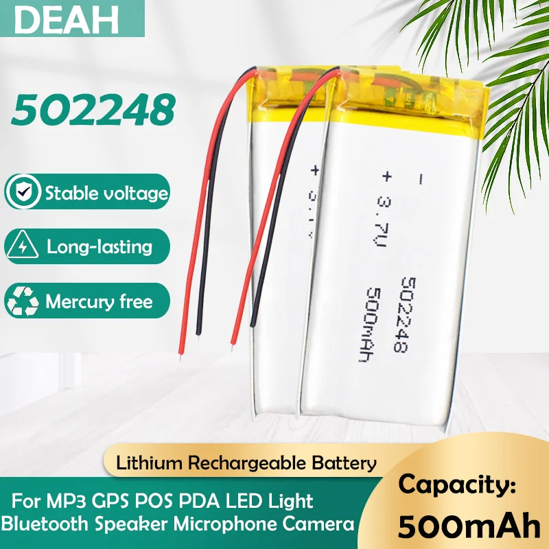1-2PCS 3.7V 500mAh 502248 Rechargeable Lithium Polymer Battery For MP3 MP4 LED Light Recording Pen Bluetooth Headset LiPo Cell - купить по