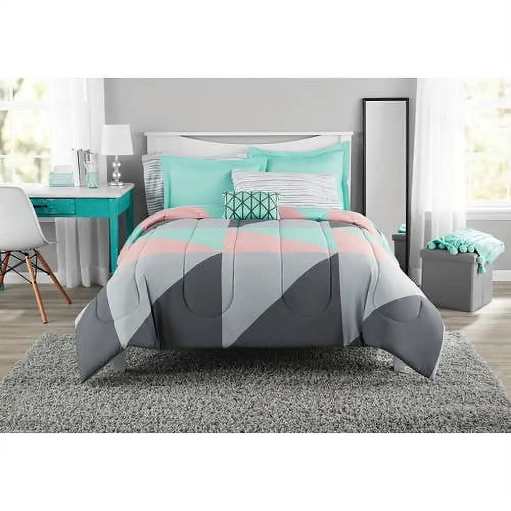 

Gray and Teal Geometric 8 Piece Bed in a Bag Comforter Set With Sheets, Full