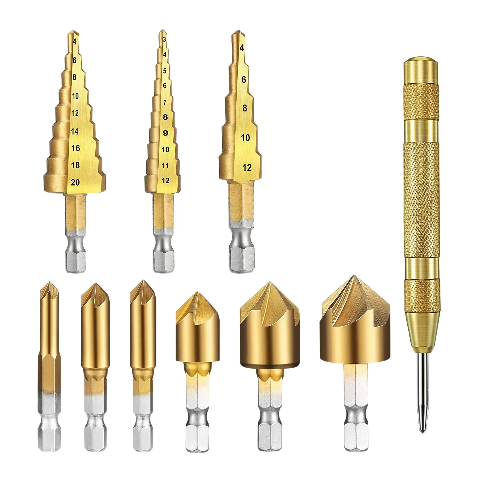 

10Pcs Step Drill Bit Set 1/4 Inch Hex Shank 5 Flute Counter Sink Drill Bit Set with Automatic Spring Loaded Center Punch