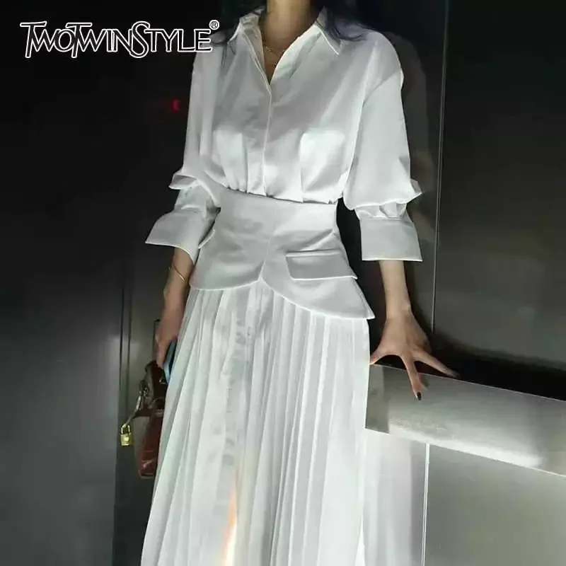 

TWOTWINSTYLE Elegant Pleated Dress For Women Lapel Long Sleeve High Waist Maxi Dresses Female Fashion New Clothing 2021 Spring