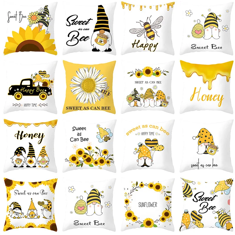 

Spring Sunflower Print Pillow Cover 45X45cm Bee Daisy Home Decorative Throw Pillows Sofa Cushion Cover Grey Letters Pillowcase