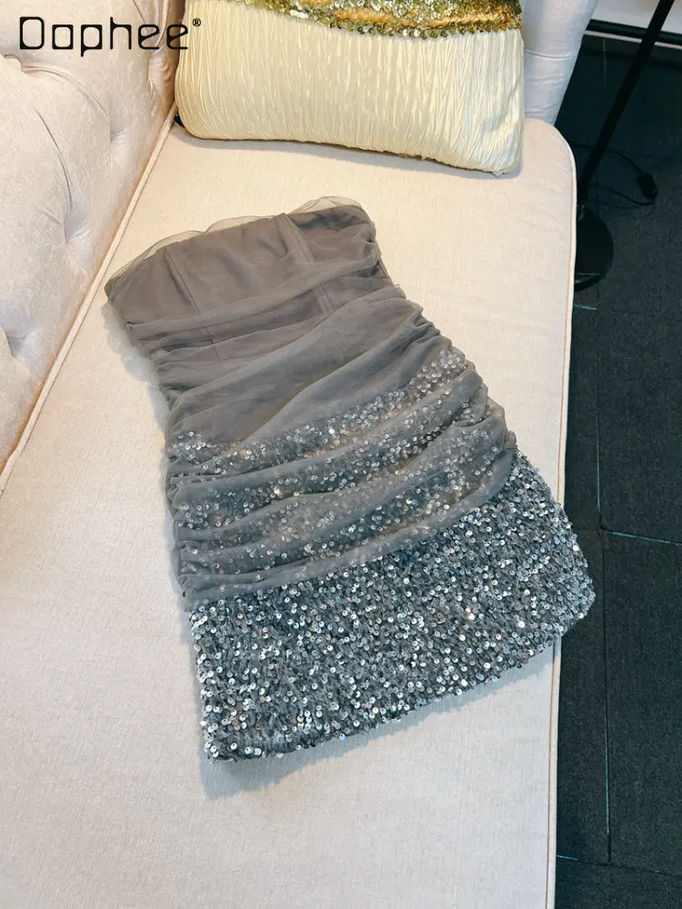 

Luxury Ladies High Waist Slim Stitching Sequin Inner Tube Top Dress French Style Elegant Women's Off-Shoulder Party Hip Dresses