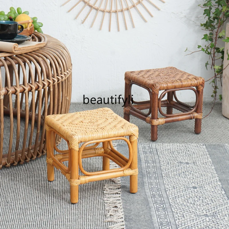 

hj Full Short Cane Chair Rattan Square Stool Retro Small Bench Artistic Idyllic Home