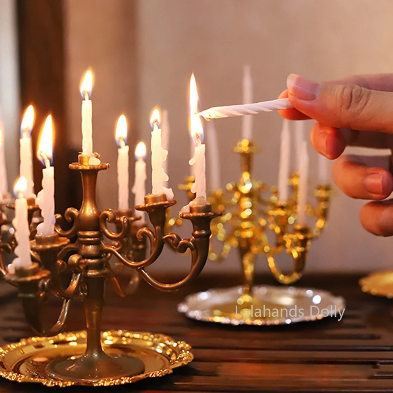 

1/3,1/4Dollhouse Miniature Candles and Candlestick Birthday Party Cake Candle Holders Toppers for Dollhouse Decals