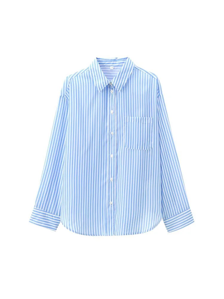 Женский летний топ в полоску с карманами и отложным воротником