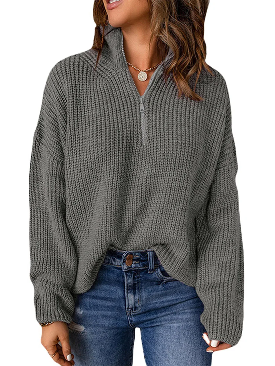 

BEAFNKSG Women 1 4 Zip Pullover Sweaters Long Sleeve Striped Zipper Waffle Sweater Slouchy Half Zip Jumper Casual Oversized