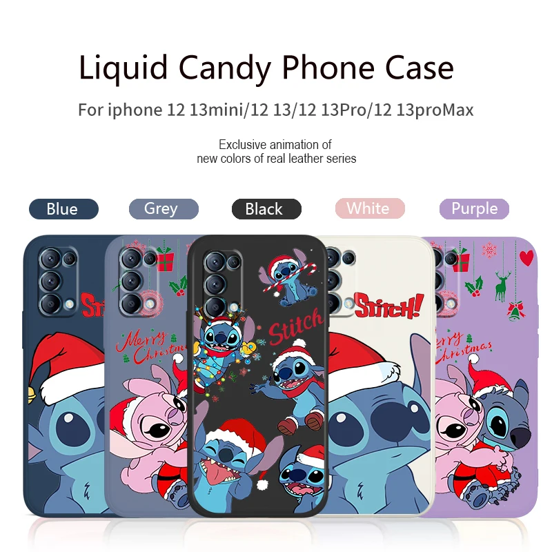 

Disney Stitch Christmas Phone Case For OPPO Find X5 X3 X2 neo Pro Lite A5 A9 2020 A53S 4G 5G Liquid Rope Candy Color Cover Funda