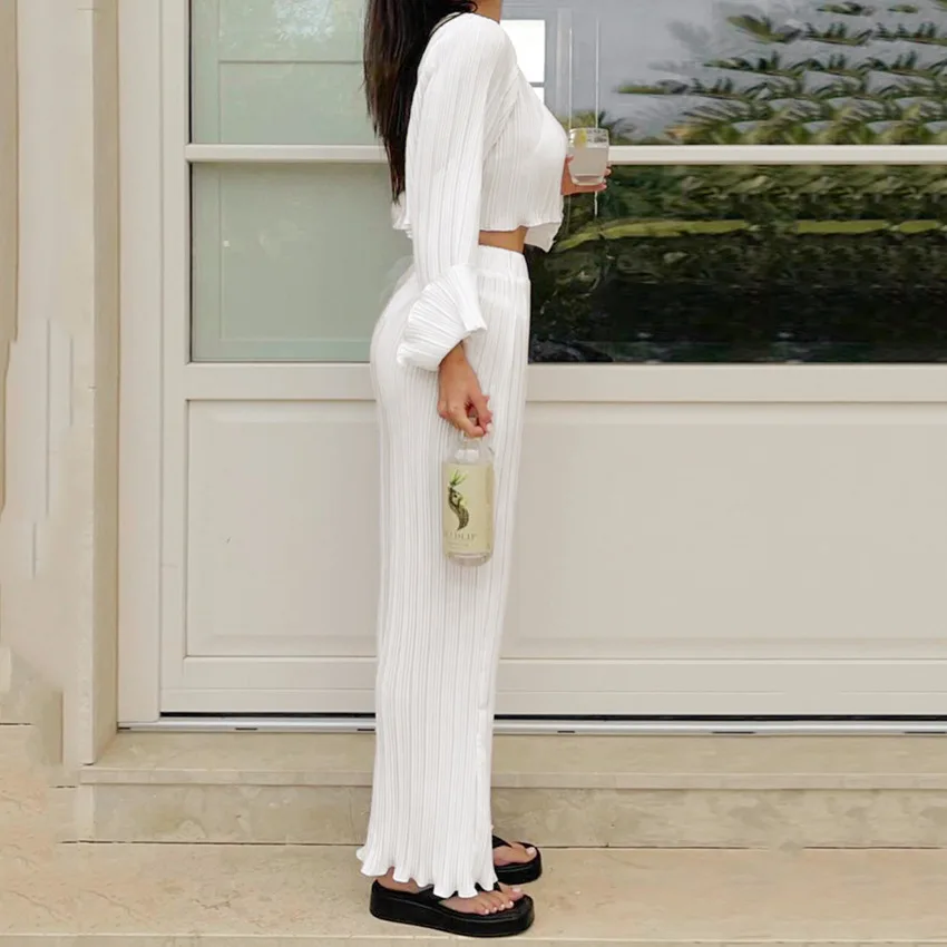 2022 Autumn Europe / America Long-sleeved Pajamas Chiffon Sexy White Home Service Women Pleated Trousers Pijamas Loose Pyjamas
