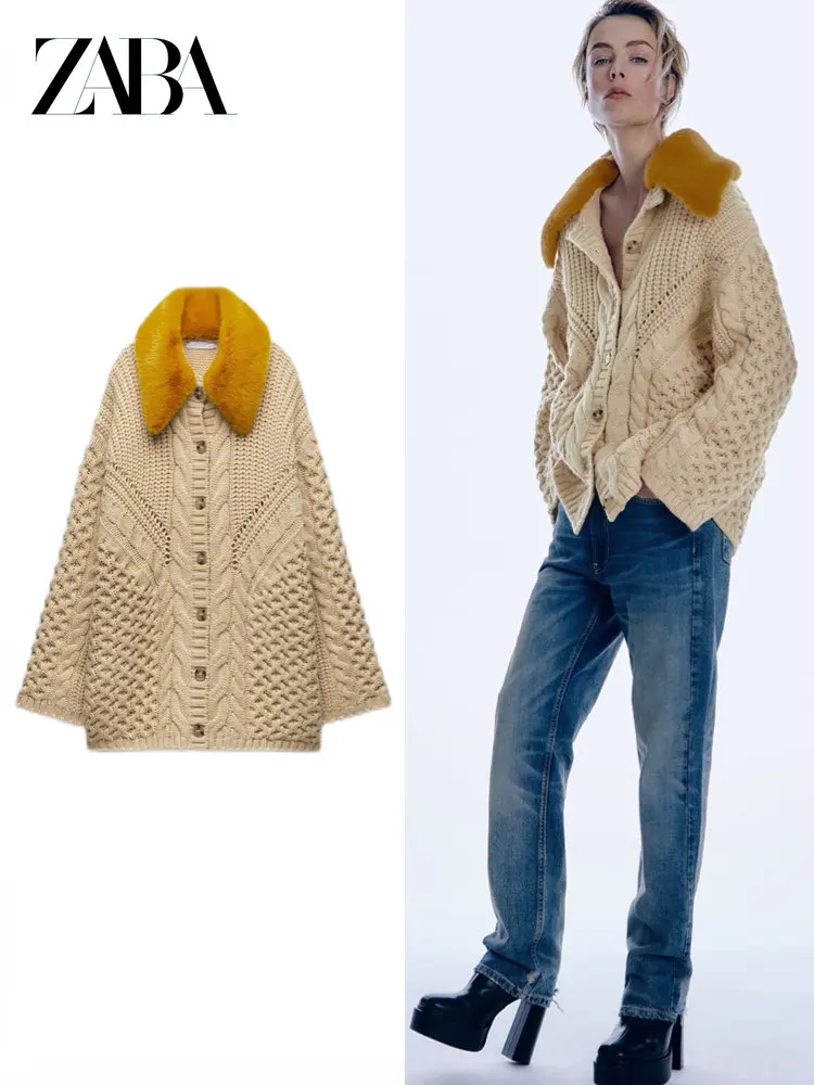 

ZABA ZA Fall Winter Women's New All-match Thin and Lazy Style Detachable Fur Collar Sweater Coat Textured Knitted Lapel Cardigan