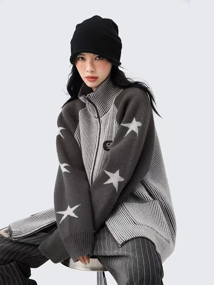

Autumn Winter Femme Stripe Knitted Cardigan Thick Cashmere Jackets Color Contrast Star Sweater Women Zipper Turtleneck Coat H126