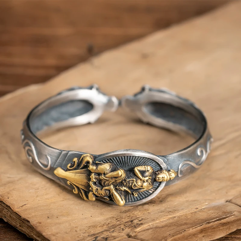 

XiYuan Silver Color Vintage antique inlaid copper handicraft 12 zodiac bracelets Buddha series men's bracelets women China-Chic