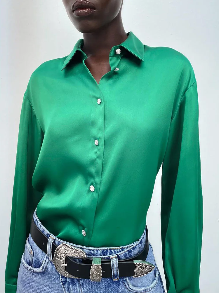 

ZA winter new women's clothing all-match artificial gem button decoration long-sleeved lapel drape silk satin texture shirt