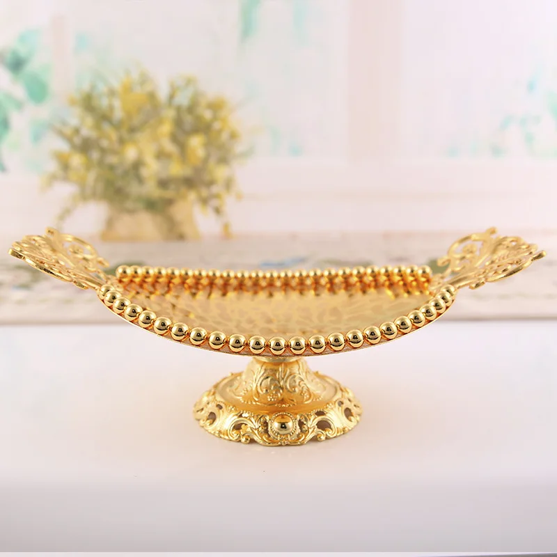 

Fruit Dish Gold Bead Candy Nut Cake Dessert Food Metals Storage Basket Wedding Oval Shape Table Tray Organizer Home Decoration