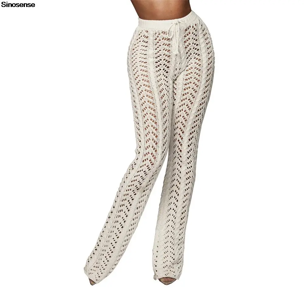 

Women Hand Crochet Hollow Out Long Beach Pants Sexy See Through Swimsuit Cover Up Pants Knitted High Waist Wide Leg Pants