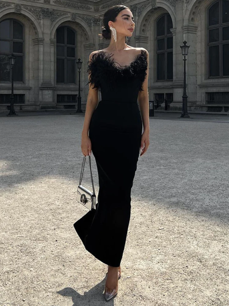 

WeiYao Off the Shoulder Sexy Dresses for Women 2022 Winter Sleeveless Fur Collar Mermaid Dress Elegant Party Evenig Clothes