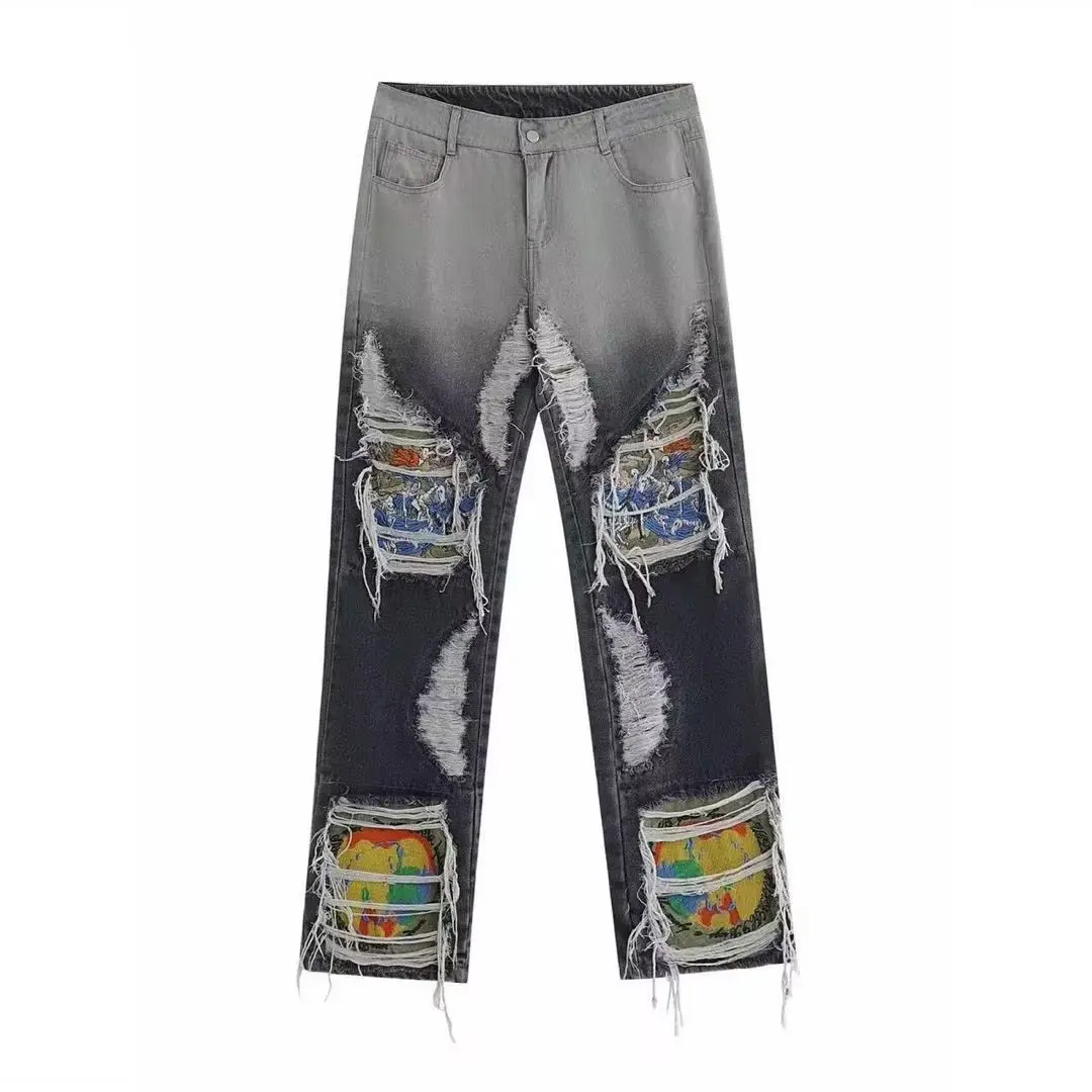 Embroidered jeans men's autumn straight tube loose high street fashion brand hole wide leg simple temperament Harlan couple pant