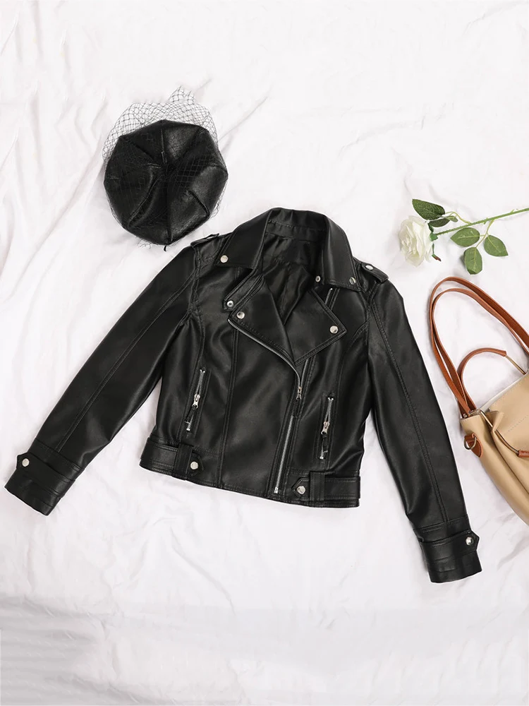 Women Faux Leather Jacket Beige Casual Slim Motorcycle Biker Leather Coat Female Punk Streetwear Spring Autumn Jackets