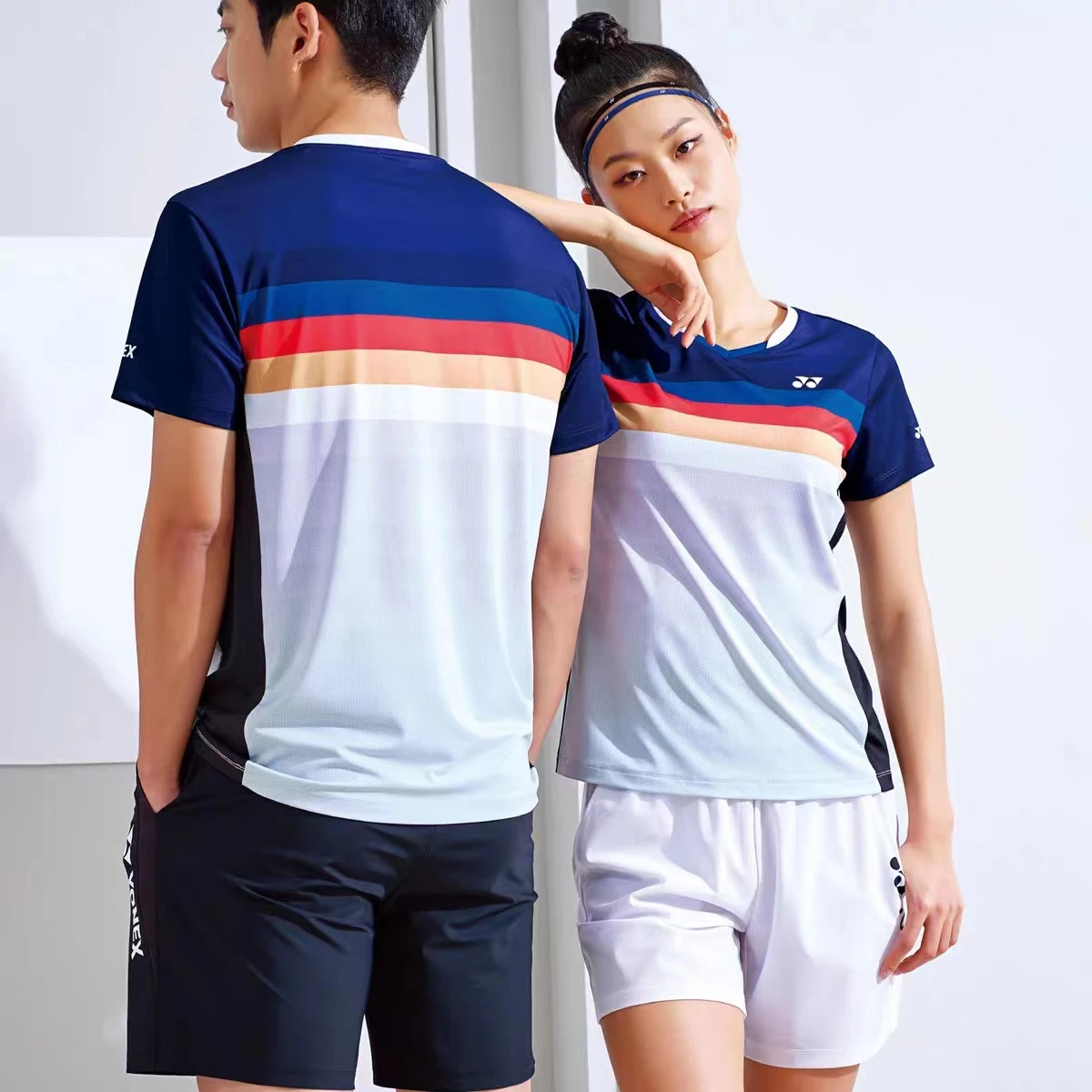 YY badminton T-shirt half sleeve rainbow color V-neck men and women outdoor sports tennis quick drying clothes breathable sweat