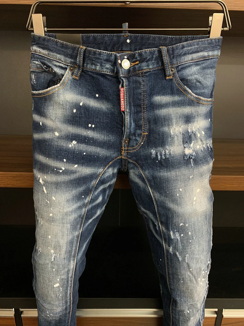 DSQUARED2 Men's/Women's Jeans Fashion Blue Pocket Slim Fit Micro-Elastic All-Match Trousers With Small Feet  A378