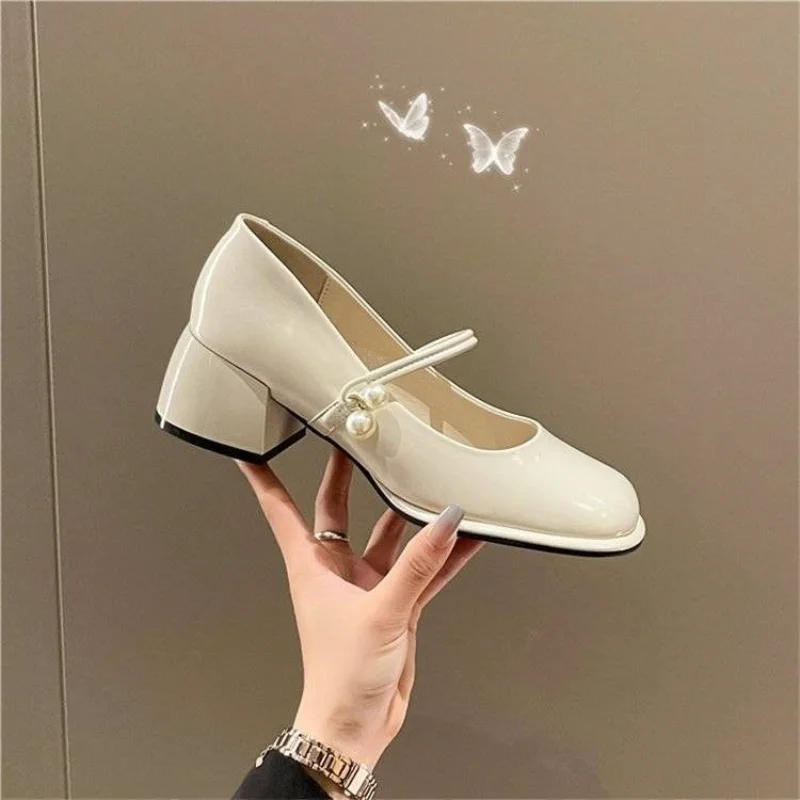 Ladies Summer Footwear Mary Jane Shoes for Women 2023 with Medium Heels Japanese Style Lolita Pearl Square Toe Gothic White Y2k
