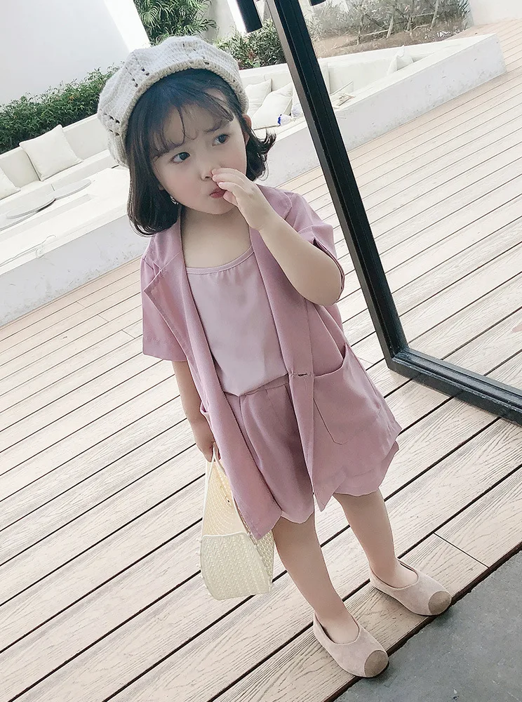 

1 Fashion Baby Girl Fall Clothes Sets Solid Vest Short Sleeve Coat Shorts Baby Girl Clothing Set Kids 3Pcs Suits Outfits