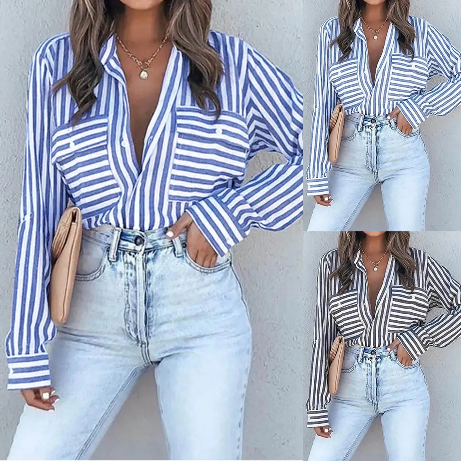 

Long Sleeve Fitted Button down Dress for Women Women Casual Stripe Print V Neck Button Pocket Roll Up T Shirt for Women Summer
