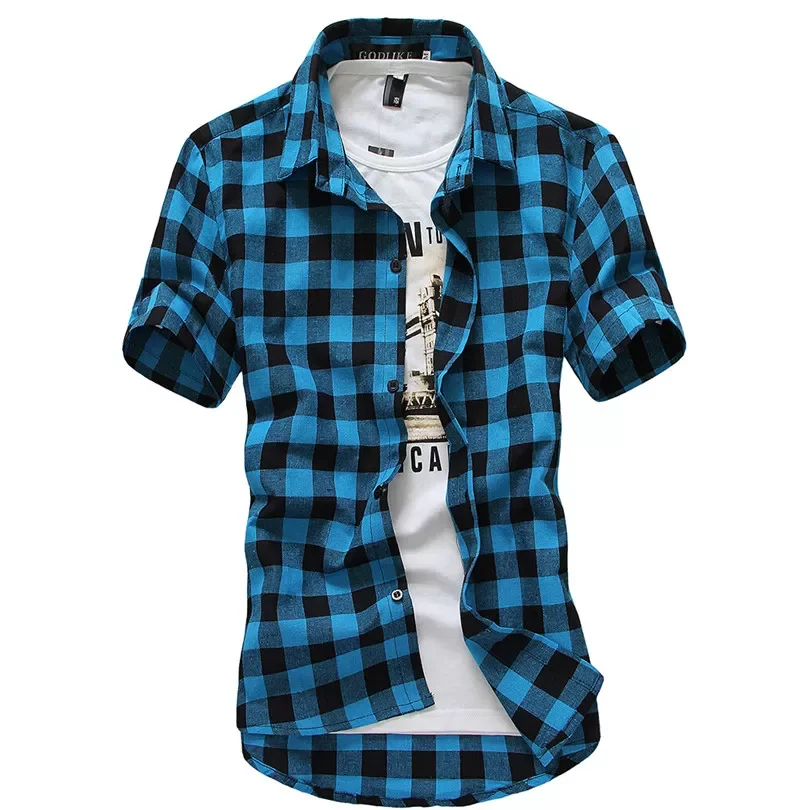 

NEW IN Printed Plaid Shirts Men Multicolor Grid Blouses Summer Fashion Red Blue Clothes Short Sleeve Male Tops XXXL