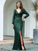 elegant evening dresses v neck long sleeves a line sequin floor length gown 2022 ever pretty of dark green simple prom dress