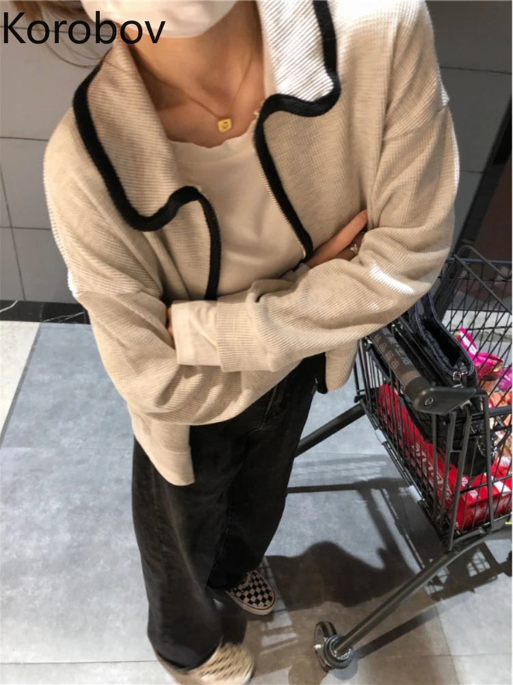 

Korobov Autumn Lazy Wild Tops Contrasting Color Korean Zipper Cardigan Coat Lapel Chaquetas Temperament Vintage Roupas Femininas