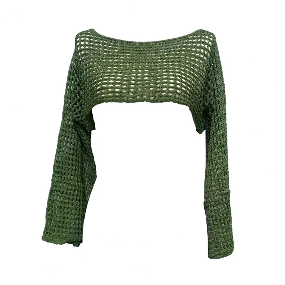 

Women Top Stylish Women's Crochet Knit Hollow Out Sweater Comfortable Autumn Streetwear with Long Sleeve Blouse Mesh Crop Top