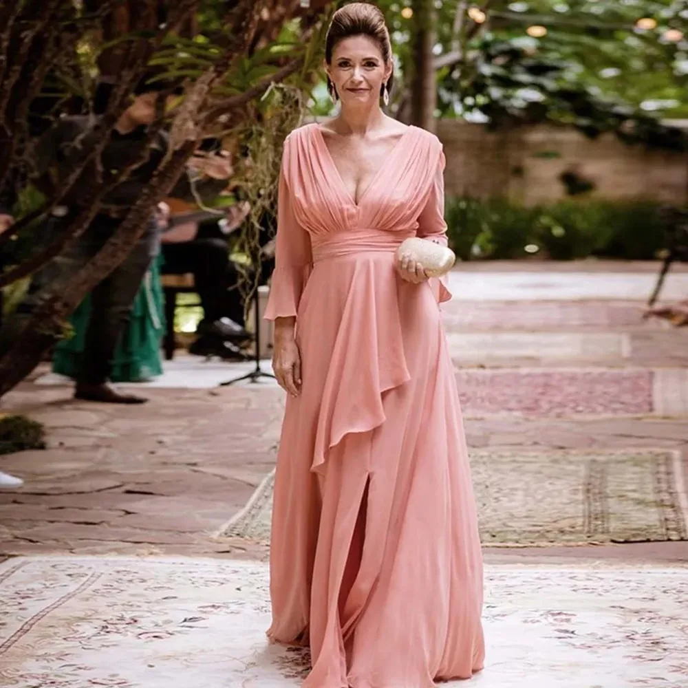 

Coral Chiffon Mother of the Bride Dress Mother of Groom Long Sleeve V Neck Floor Length Wedding Party Guest Prom Evening Gown