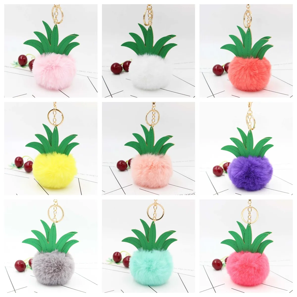 

12 Styles Cute Pineapple Faux Rabbit Fur Plush Leather Keychain for Women Men Fruit Key Chain Bag Car Pendant Key Holder Jewelry