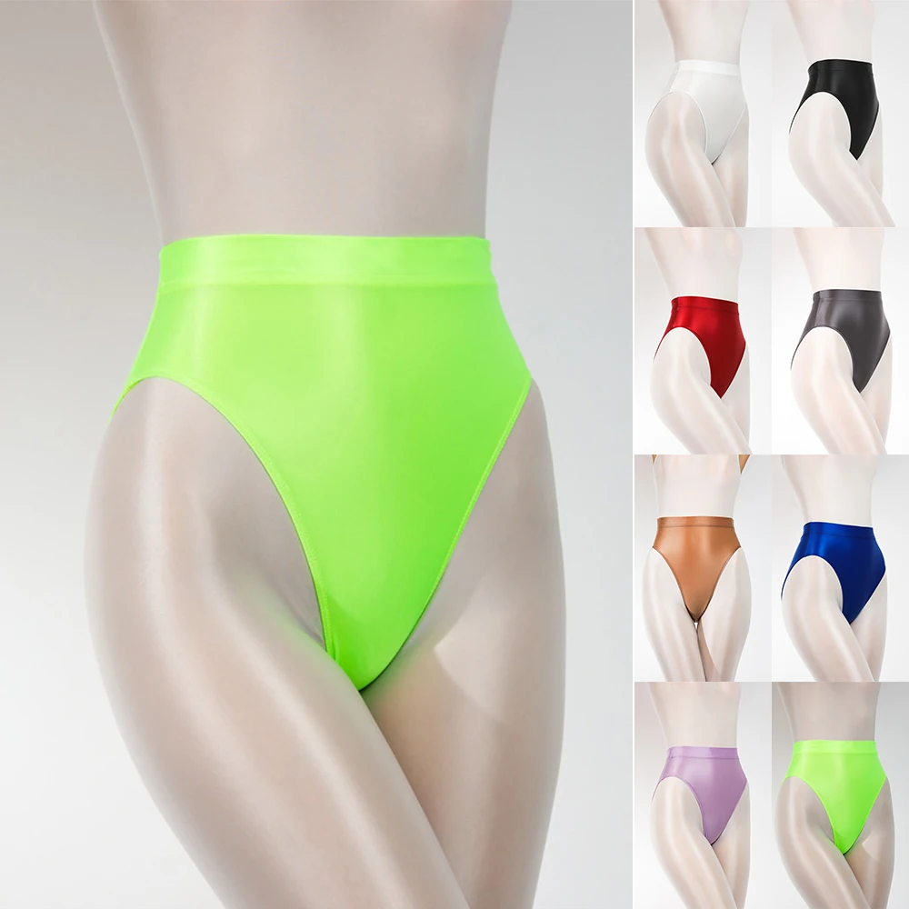 

Sexy Women Shiny High Waist G-string Sheer See Through Sexy Brief Candy Color Elastic T-Back Oil Thong UnderWear Dance Wear