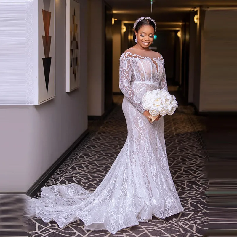 

aso ebi see-through long-sleeved lace bridal wedding dress long train custom