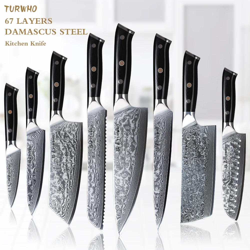 TURWHO-Juego de cuchillos de cocina de acero damasco, utensilio japonés Nakiri Santoku para cortar pan, 67 capas, 1-5 piezas