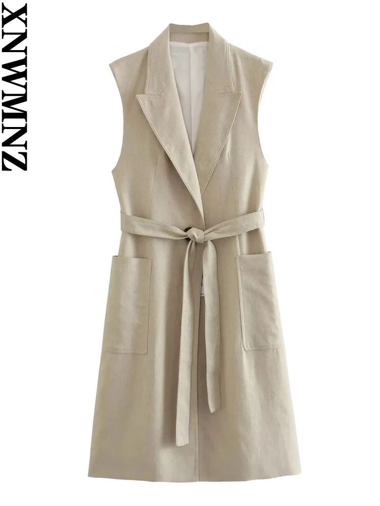 

XNWMNZ Women's Fashion 2023 Linen Blend Long Waistcoat Women Vintage Lapel Sleeveless Belt Pocket Female Tank Top