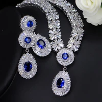 threegraces gorgeous silver color cz large royal blue water drop necklace earrings african jewelry sets for brides js029