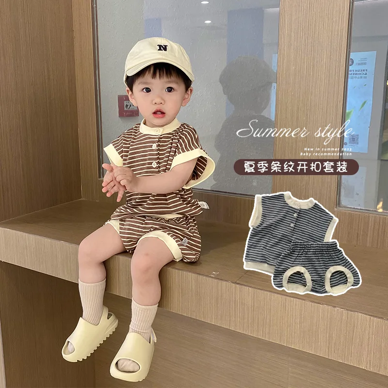 

Children Set 2023 Korean Styles Baby Summer Boys and Girls Striped Suit Sleeveless Thin T Shirt and Shorts Two Piece Set