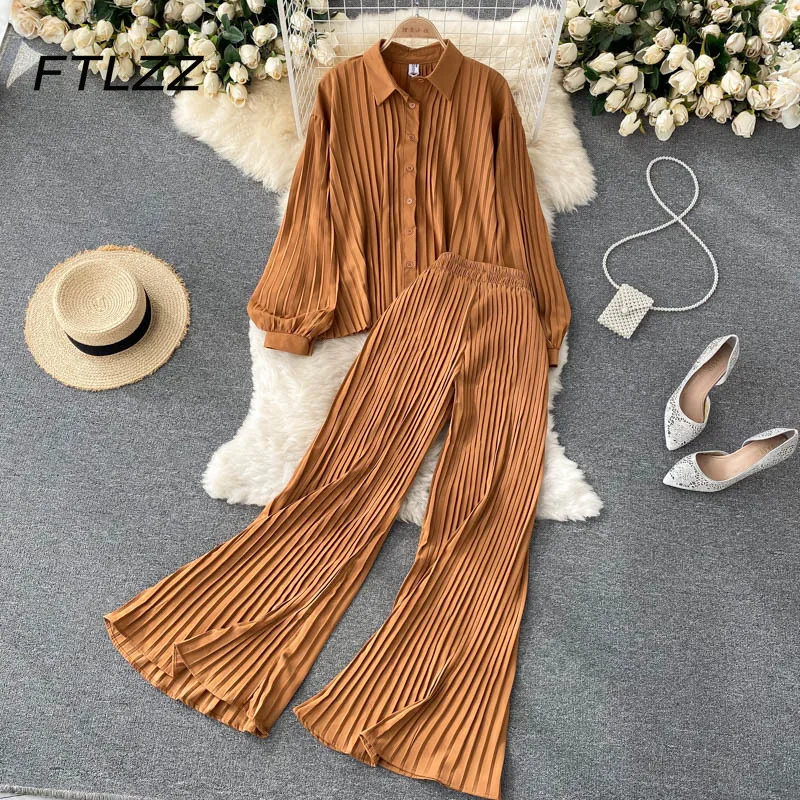 

Pants Two-piece Suit Woman Elegant Pleated Suits Fashion Spring Autumn Blouse and Wide Leg Pants Outfits Clothing