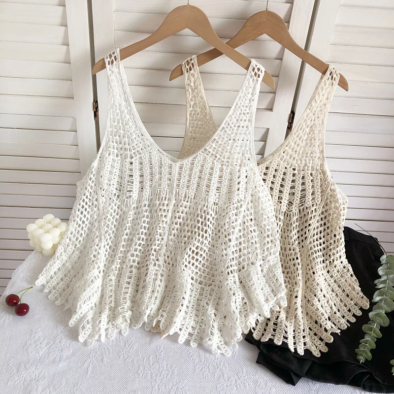 Boring Honey Solid Colour V-Neck Fashion Women Blouses Sleeveless Hollow Out Women Clothing Loose And Comfortable Tops Women