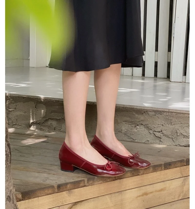 

Slip On Ballet Women Low Heels Retro Style Ladies Elegant Shoes Square Toe Cowhide Spring Atumn Basic Design Footwear