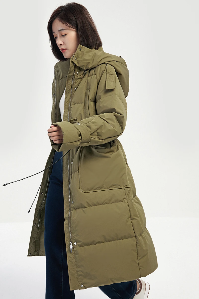 SHUCHAN Hat Detachable  Women Jacket  90%  White Duck Down  Long  Coats  Winter  Safari Style  Wide-waisted  Zipper  Pockets