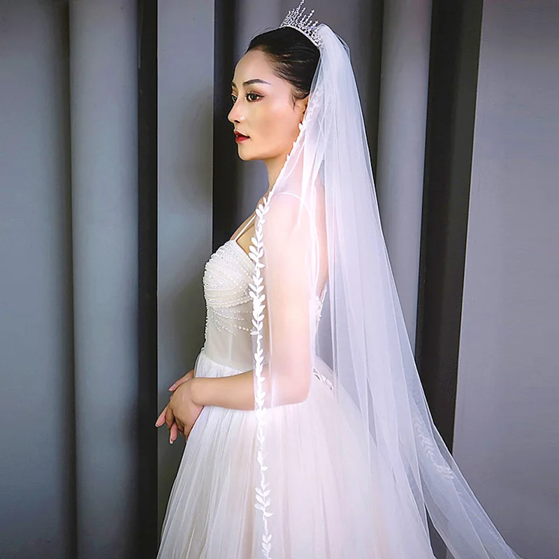 

Bridal Veils Leaves White Ivory Lace Edge Long Wedding Veil With Hair Comb Bridal Accessories 1/3 Meters Wedding Veil Headpieces
