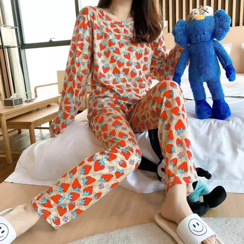 Spring Autumn Pajamas for Women Girl Fashion Flower Faux Silk Sleepwear Sets