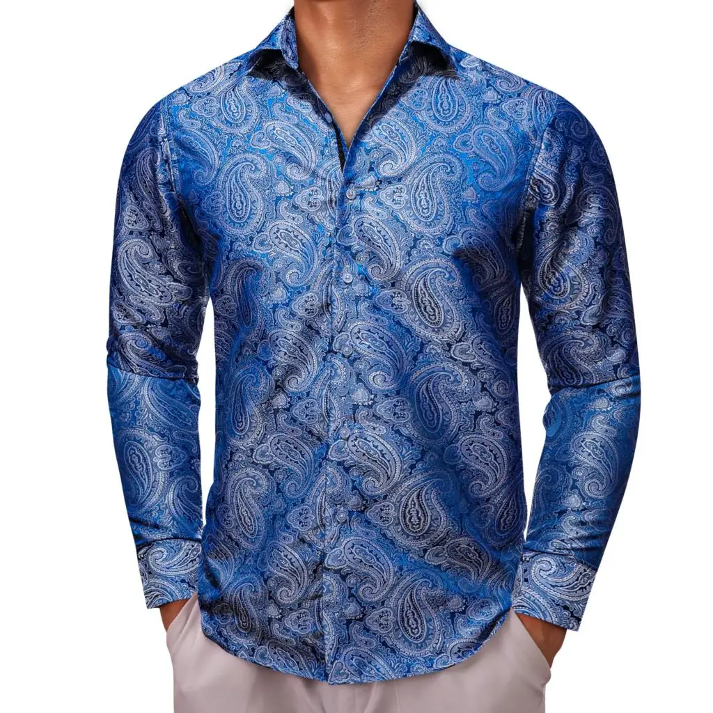 

Luxury Shirts for Men Silk Long Sleeve Blue Paisley Slim Fit Male Blouses Casual Formal Tops Breathable Barry Wang